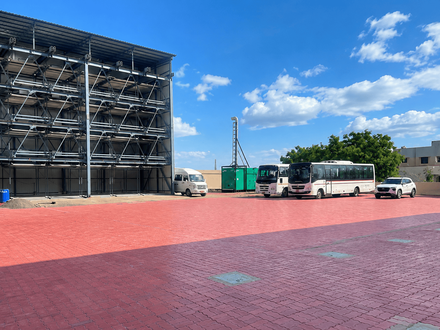 Outdoor parking area and generator at ZenoVus Park